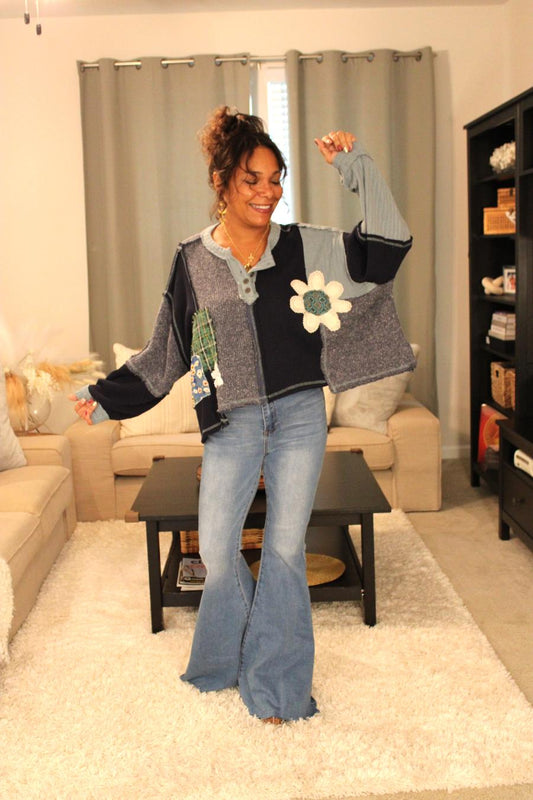 POL Indigo Feeling Patchy Oversized Pullover Top