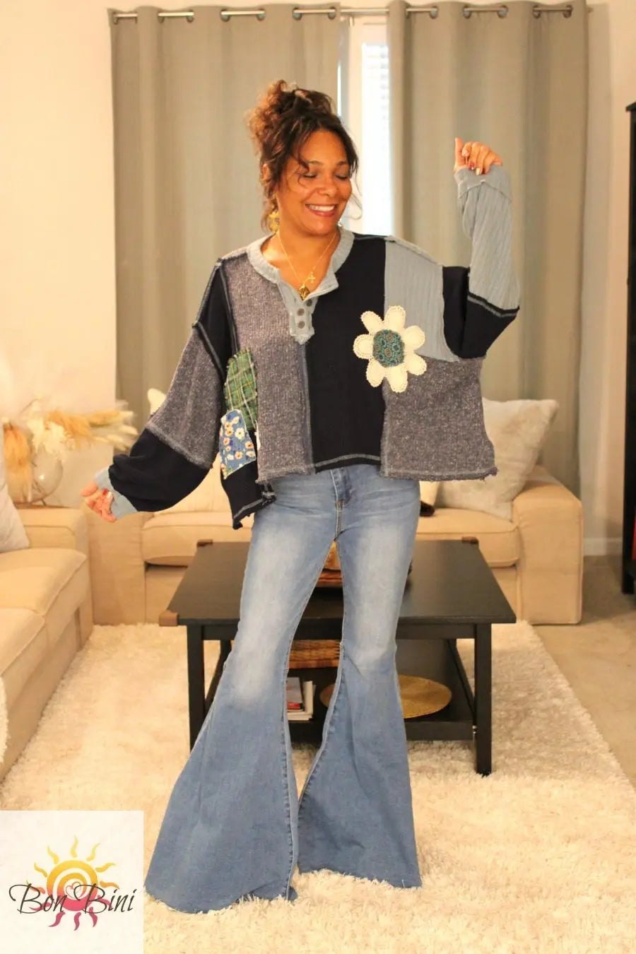 POL Indigo Feeling Patchy Oversized Pullover Top