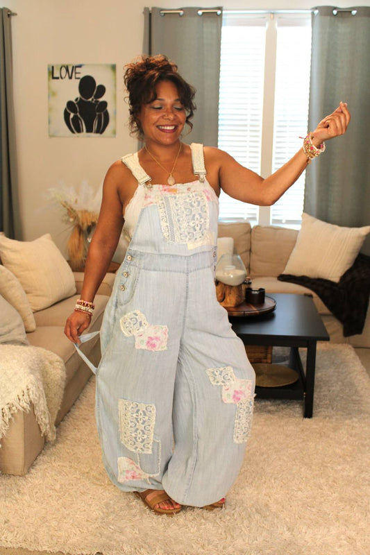 POL Little Bit Of Floral & Lace Jogger Overalls
