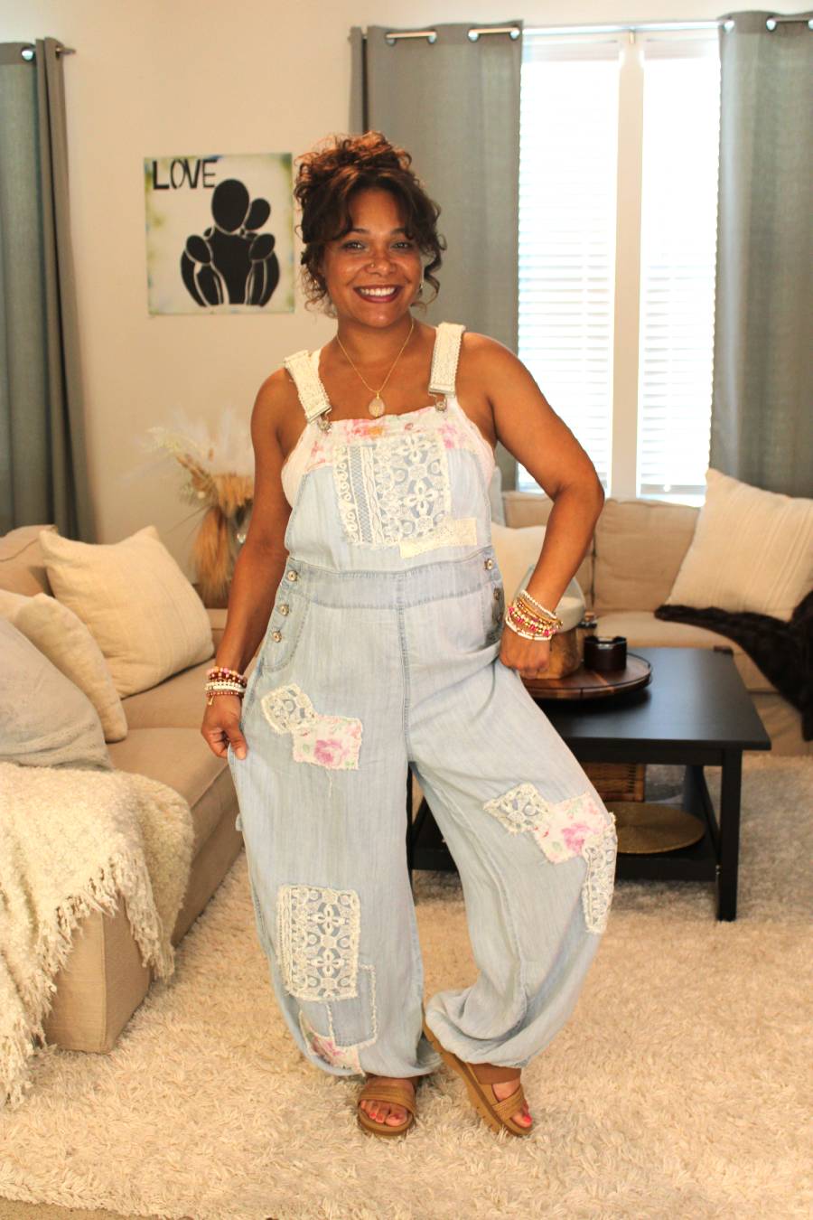 POL Little Bit Of Floral & Lace Jogger Overalls
