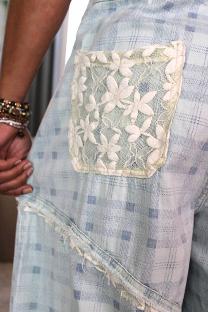 POL Sky Plaid Lace Overalls