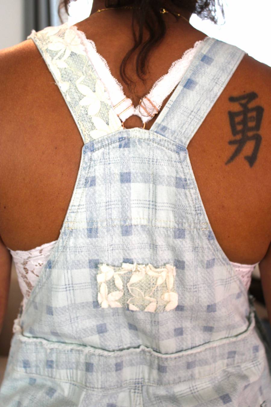 POL Sky Plaid Lace Overalls