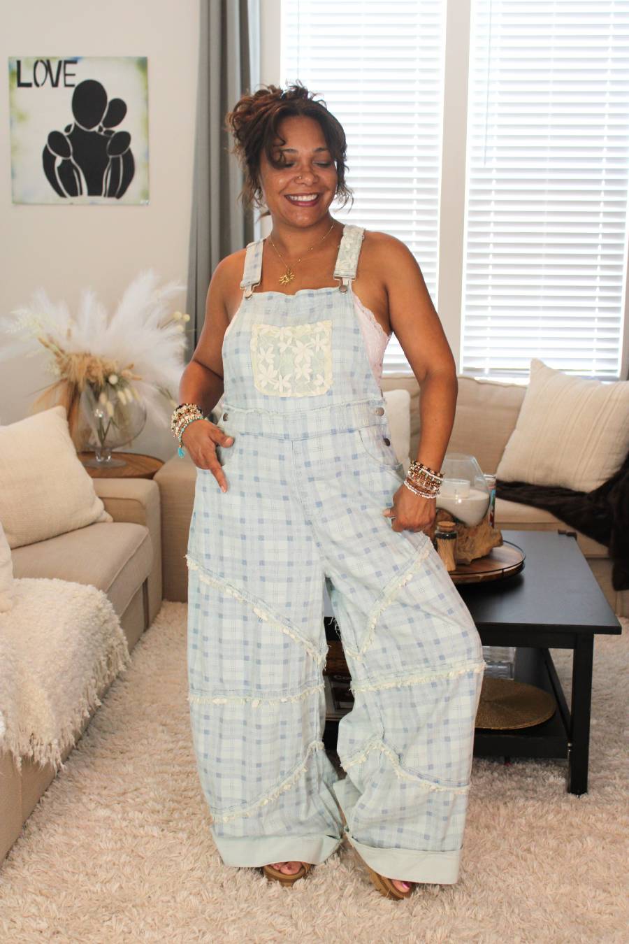 POL Sky Plaid Lace Overalls