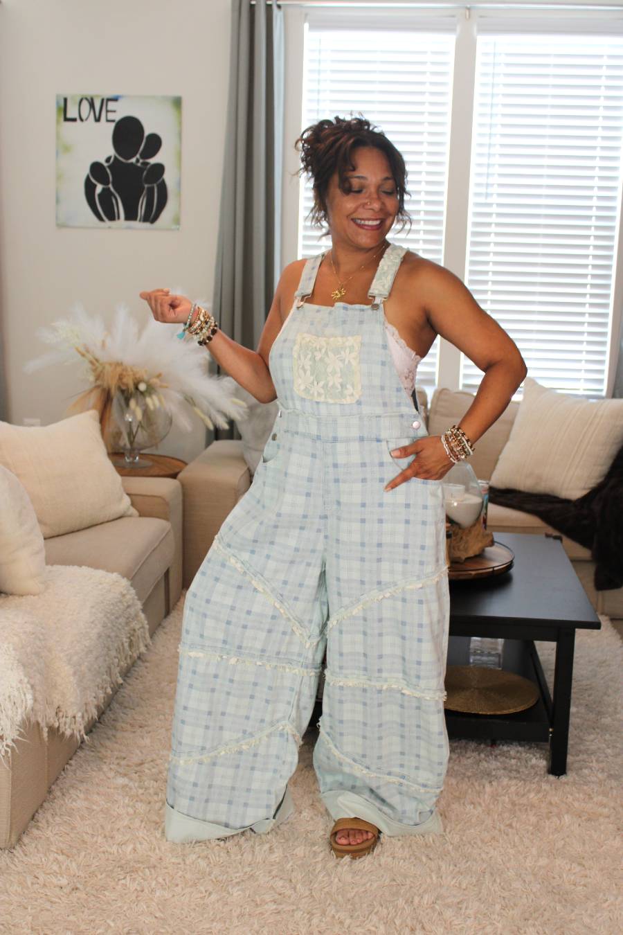 POL Sky Plaid Lace Overalls