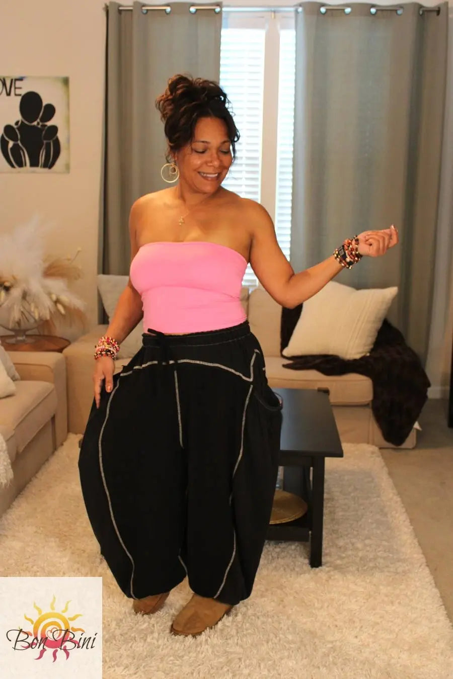 POL Black Overlock Stitch Thermal Pants
