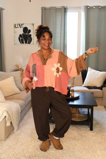 POL Feeling Patchy Oversized Pullover Top