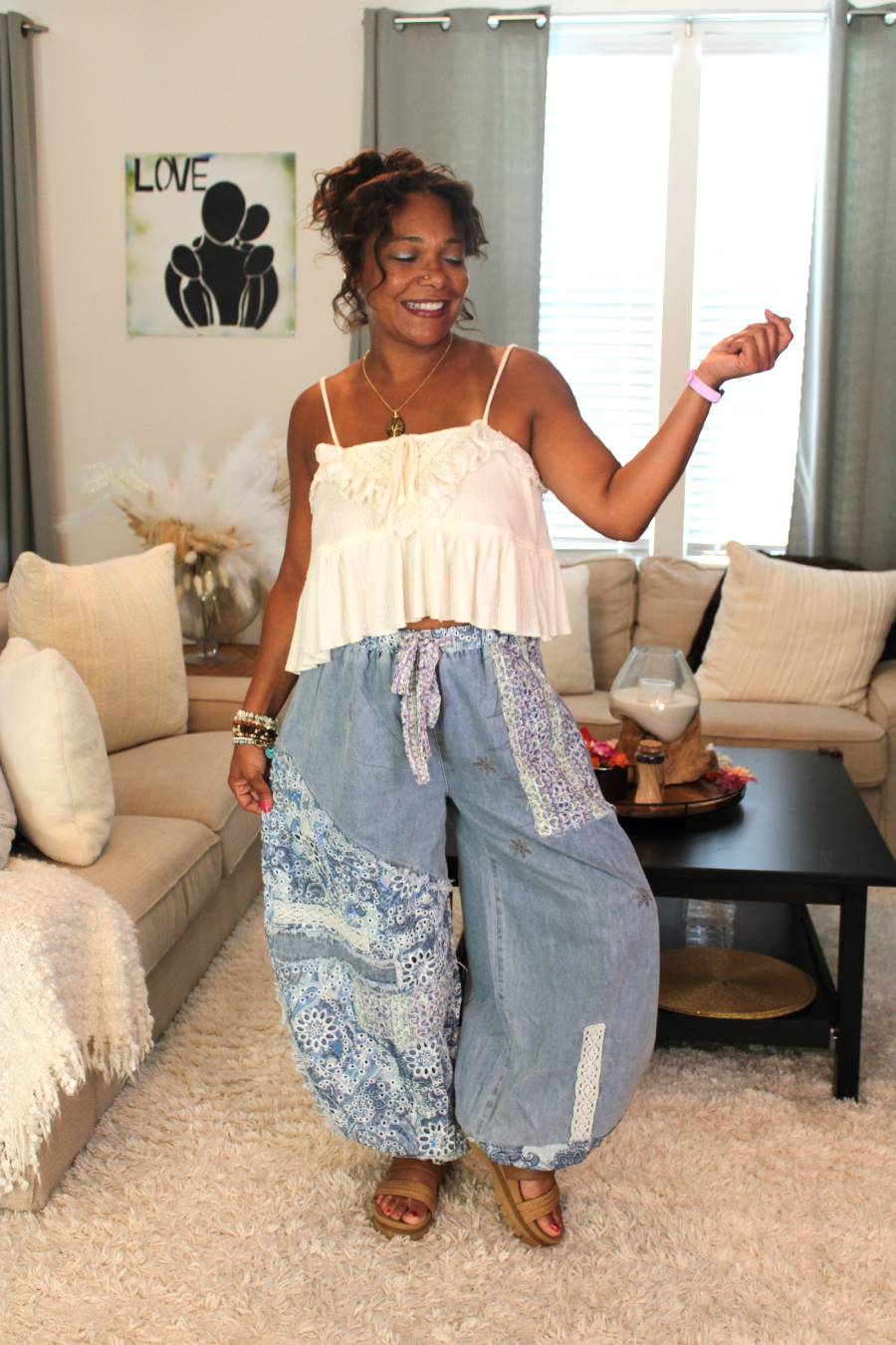 POL Floral Ocean Patchwork Twill Pants