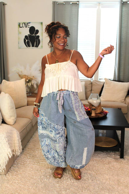 POL Floral Ocean Patchwork Twill Pants