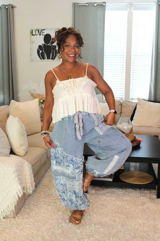 POL Floral Ocean Patchwork Twill Pants