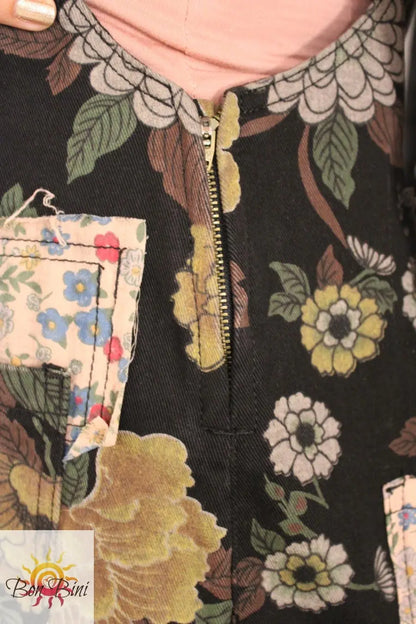 POL Forest Florals Vintage Washed Denim Overalls