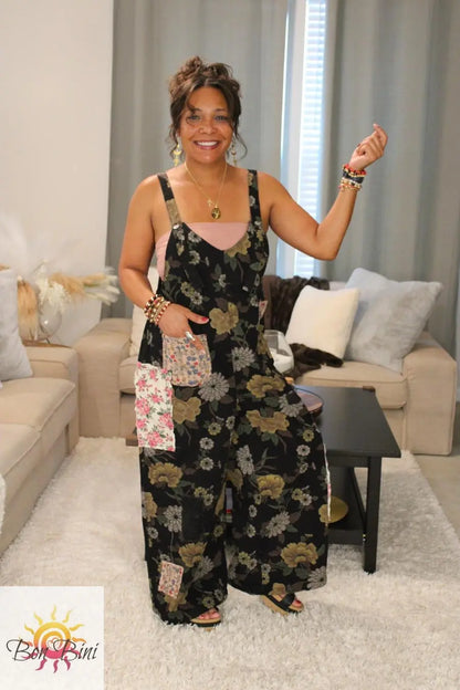 POL Forest Florals Vintage Washed Denim Overalls