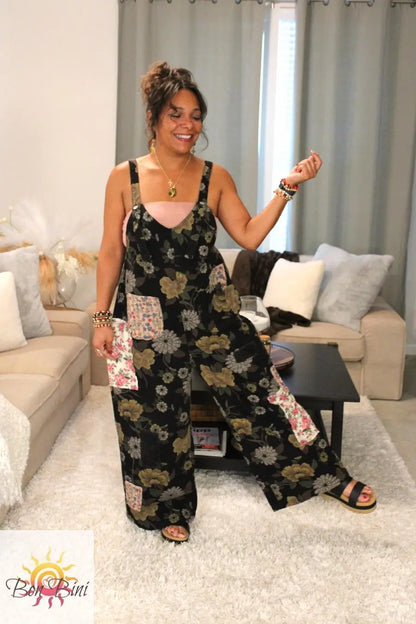 POL Forest Florals Vintage Washed Denim Overalls