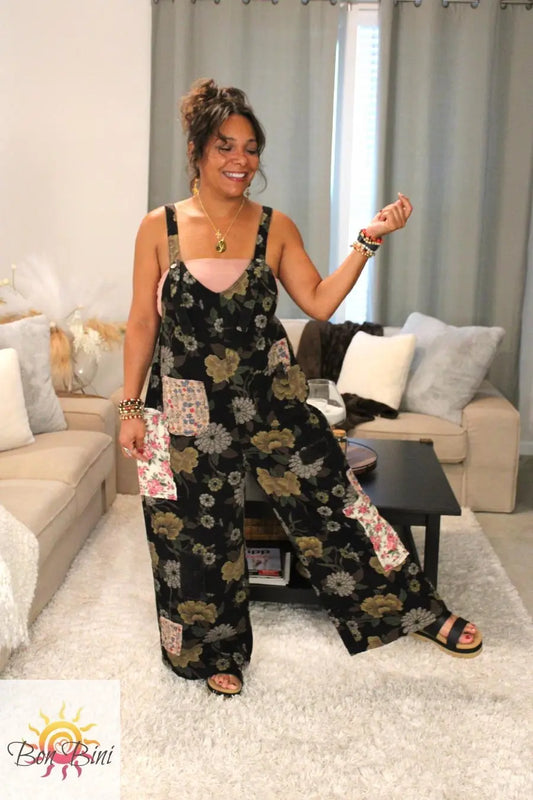 POL Forest Florals Vintage Washed Denim Overalls