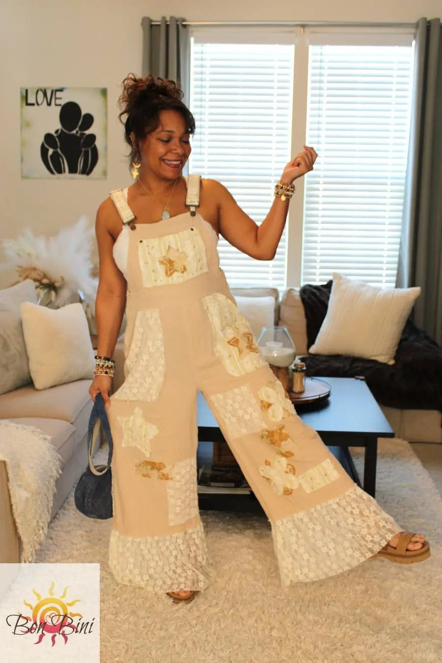POL Seashell Bliss Lace Patchwork Overalls