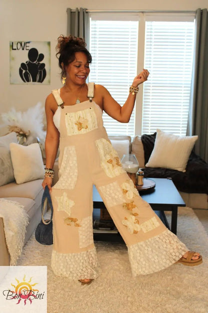 POL Seashell Bliss Lace Patchwork Overalls