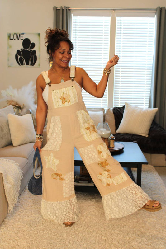 POL Seashell Bliss Lace Patchwork Overalls