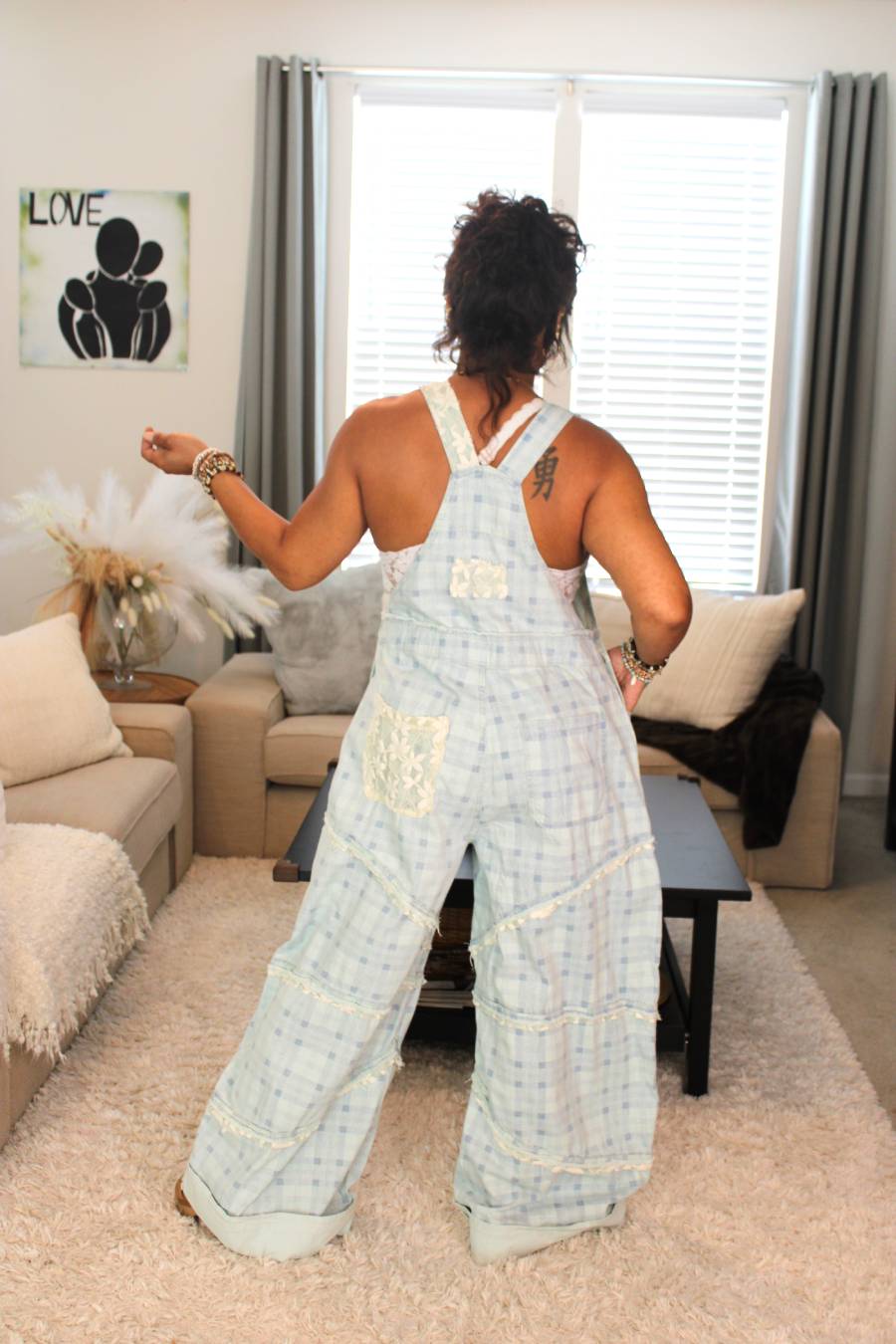 POL Sky Plaid Lace Overalls