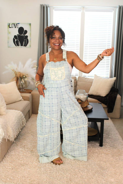 POL Sky Plaid Lace Overalls