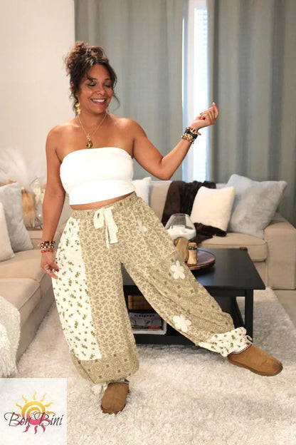 POL Warm Latte Multi-Floral Patchwork Pants