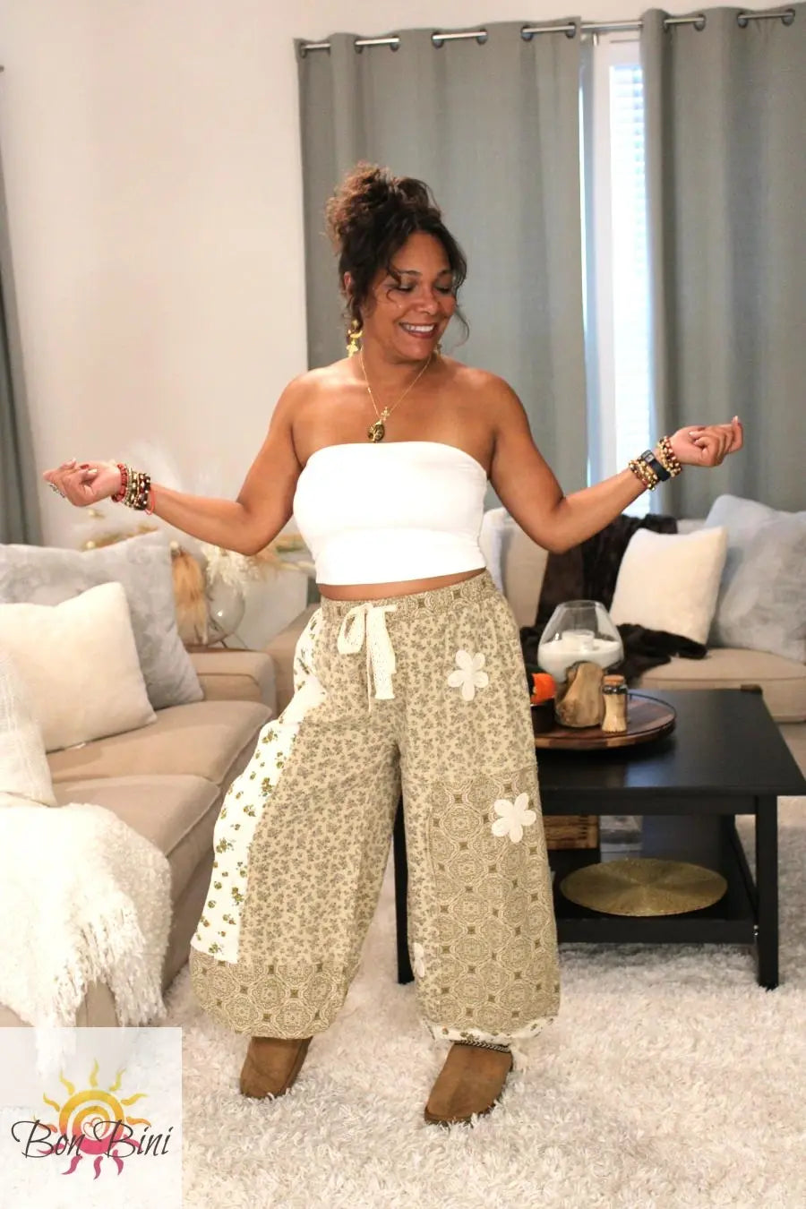 POL Warm Latte Multi-Floral Patchwork Pants
