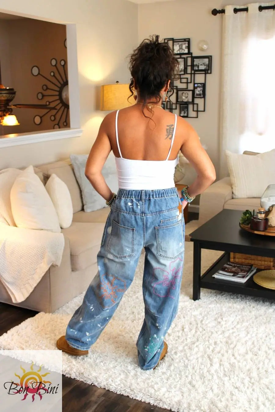 O&H Artistic Flower Embroidered Washed Denim Jeans