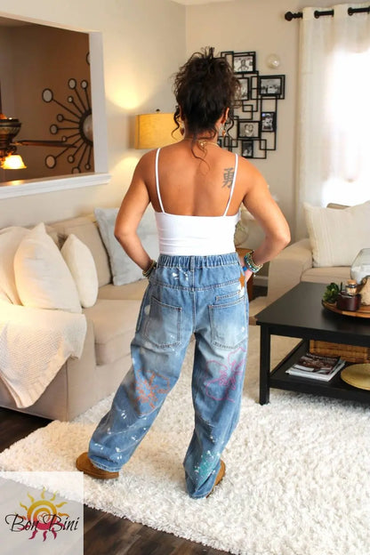 O&H Artistic Flower Embroidered Washed Denim Jeans