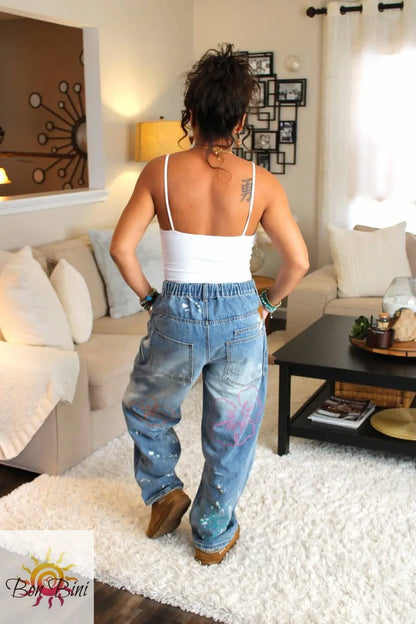 O&H Artistic Flower Embroidered Washed Denim Jeans
