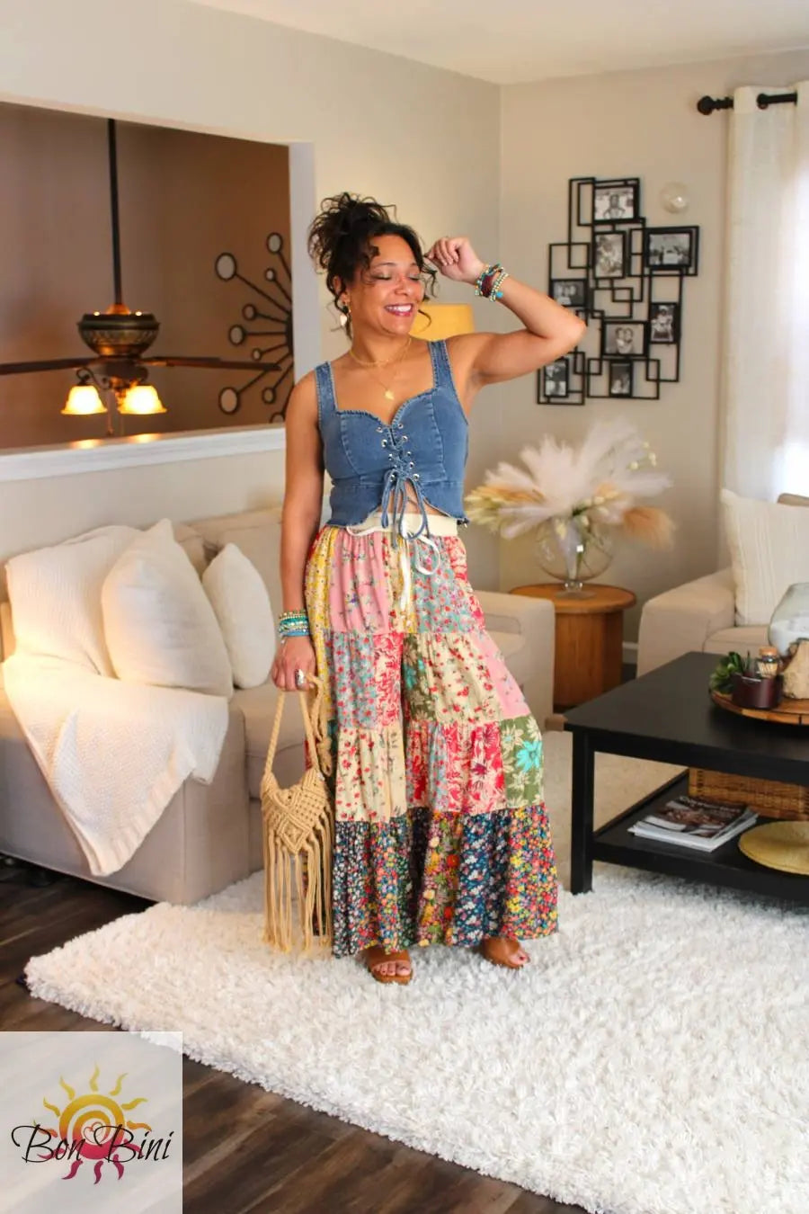Women's 4 Tier Latte Patchwork Delight Loose Boho Style Pants