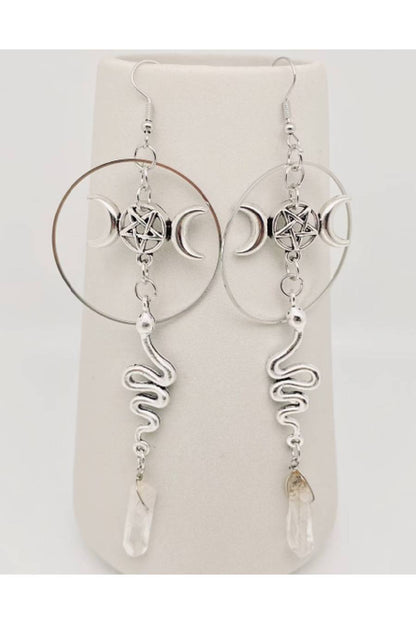 Star, Moon, Snakes Crystal Pendant Earrings