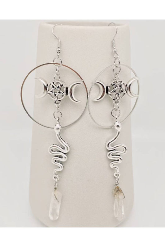 Star, Moon, Snakes Crystal Pendant Earrings