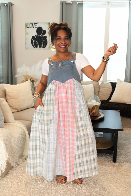 Sun, Pink, Plaid Patchwork Overall Dress