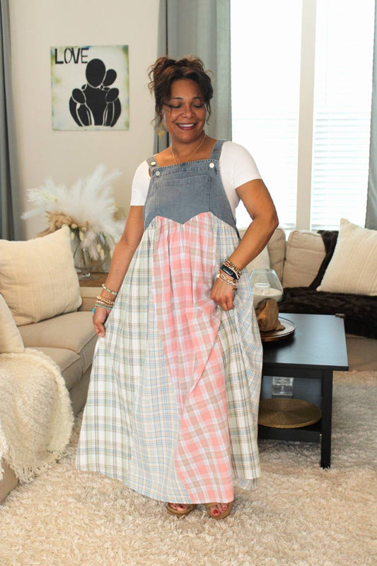 Sun, Pink, Plaid Patchwork Overall Dress