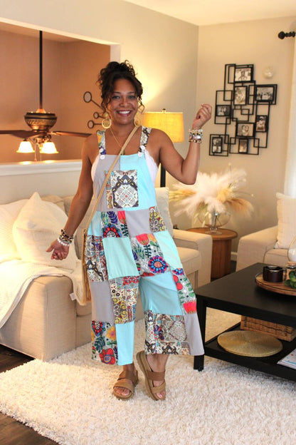 Turquoise Garden Overall Capri Jumpsuit