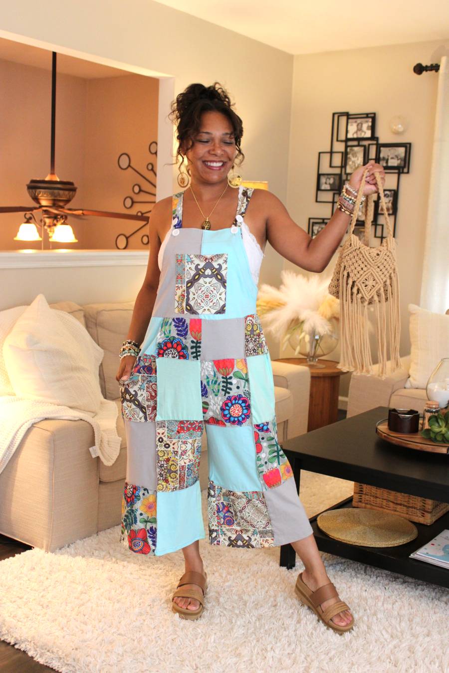 Turquoise Garden Overall Capri Jumpsuit