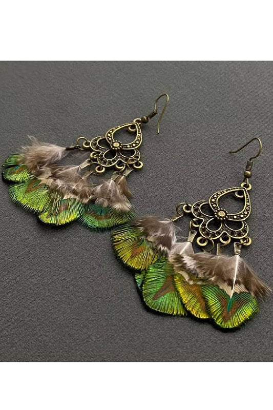 Vintage Peacock Feather Dangle Earrings