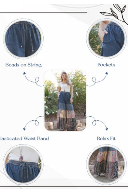 YT Spring Skies Bohemian Charm Tiered Patchwork Denim Pants