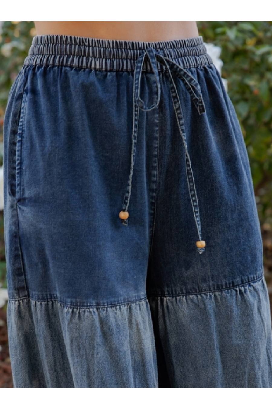 YT Spring Skies Bohemian Charm Tiered Patchwork Denim Pants