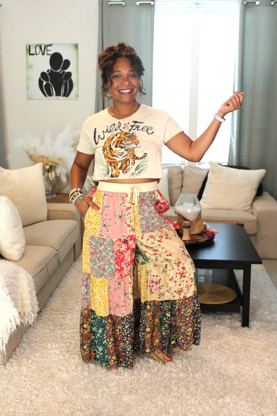 Women's 4 Tier Latte Patchwork Delight Loose Boho Style Pants