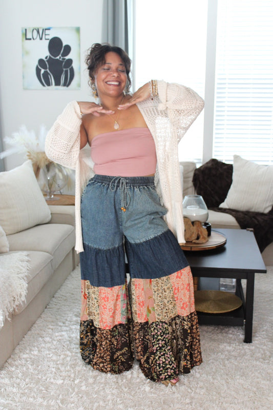 YT Spring Skies Bohemian Charm Tiered Patchwork Denim Pants