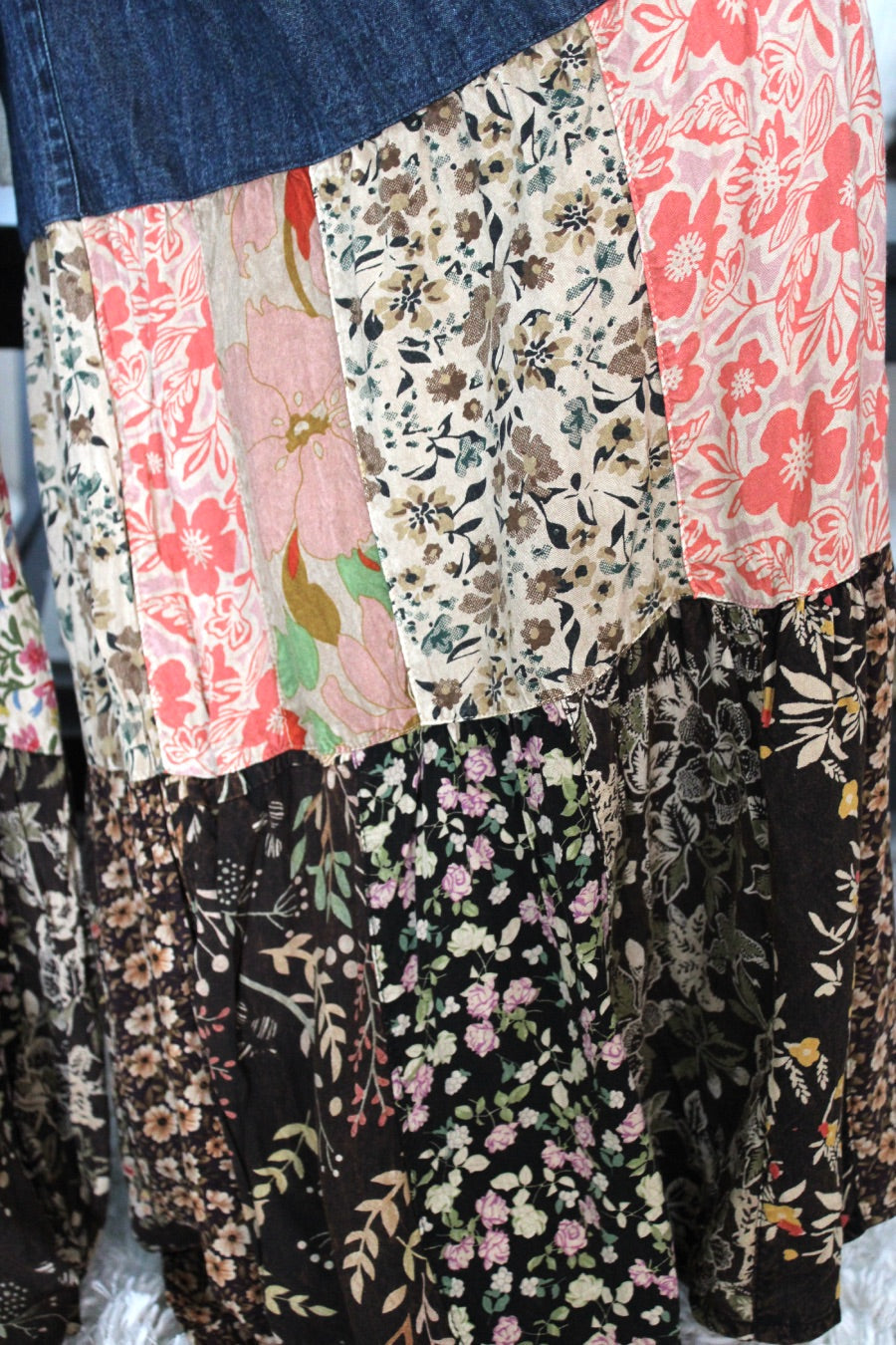 YT Spring Skies Bohemian Charm Tiered Patchwork Denim Pants
