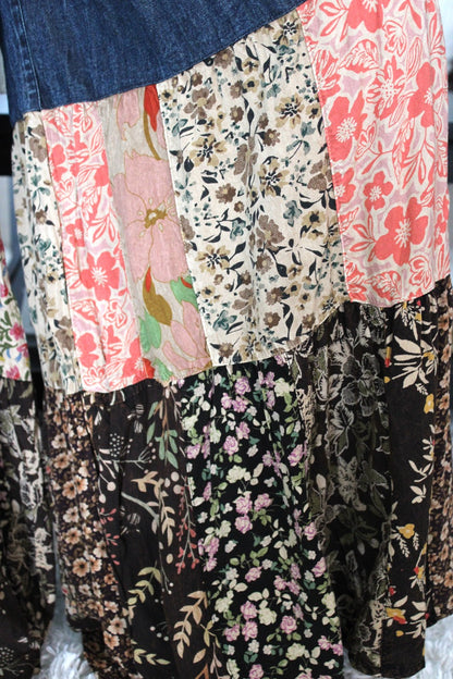 YT Spring Skies Bohemian Charm Tiered Patchwork Denim Pants
