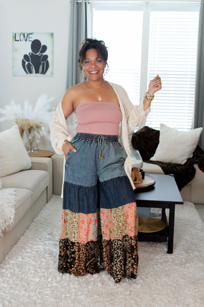 YT Spring Skies Bohemian Charm Tiered Patchwork Denim Pants