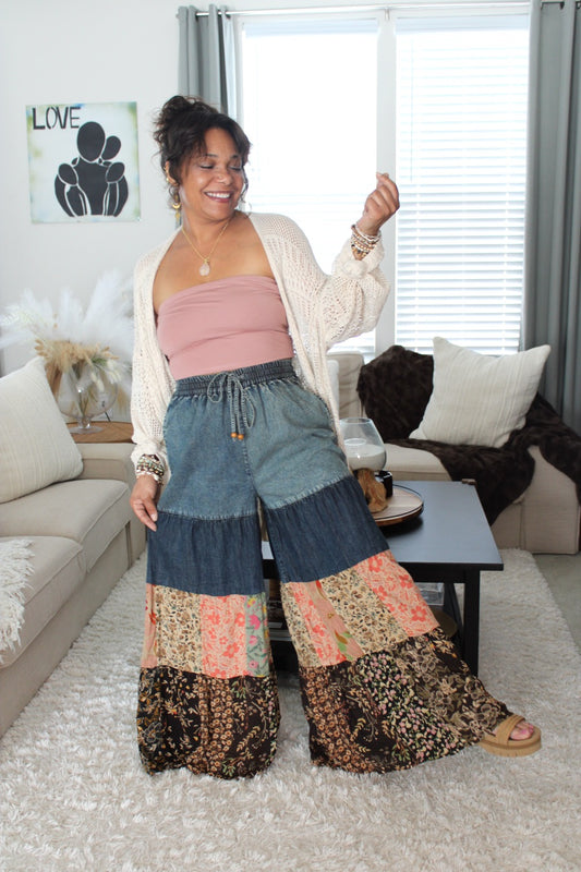 YT Spring Skies Bohemian Charm Tiered Patchwork Denim Pants