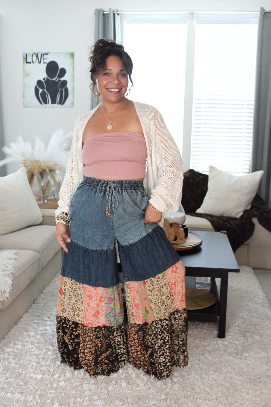 YT Spring Skies Bohemian Charm Tiered Patchwork Denim Pants