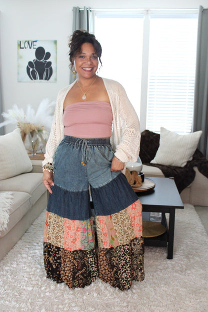 YT Spring Skies Bohemian Charm Tiered Patchwork Denim Pants