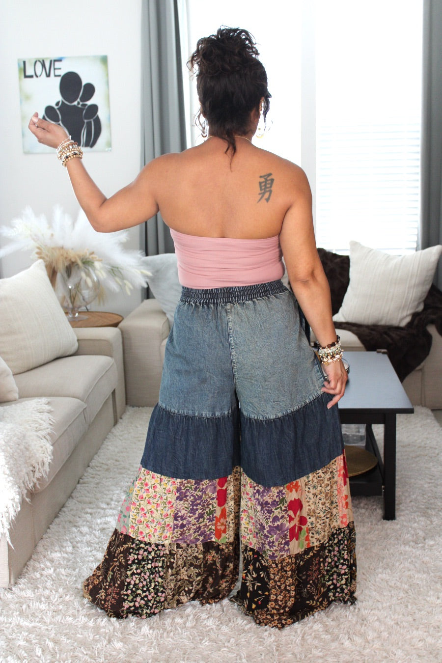 YT Spring Skies Bohemian Charm Tiered Patchwork Denim Pants