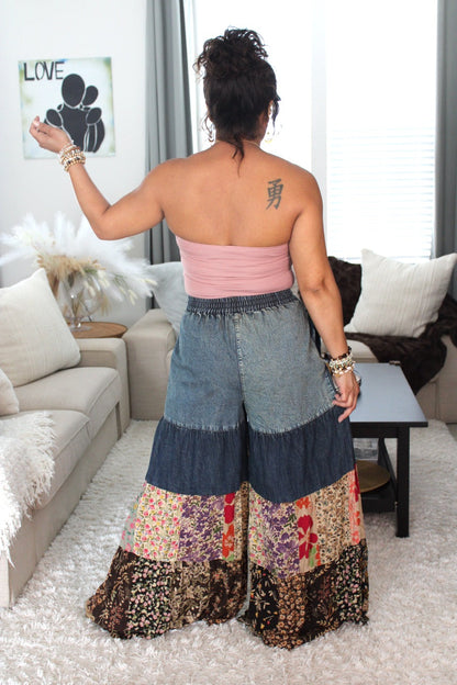 YT Spring Skies Bohemian Charm Tiered Patchwork Denim Pants
