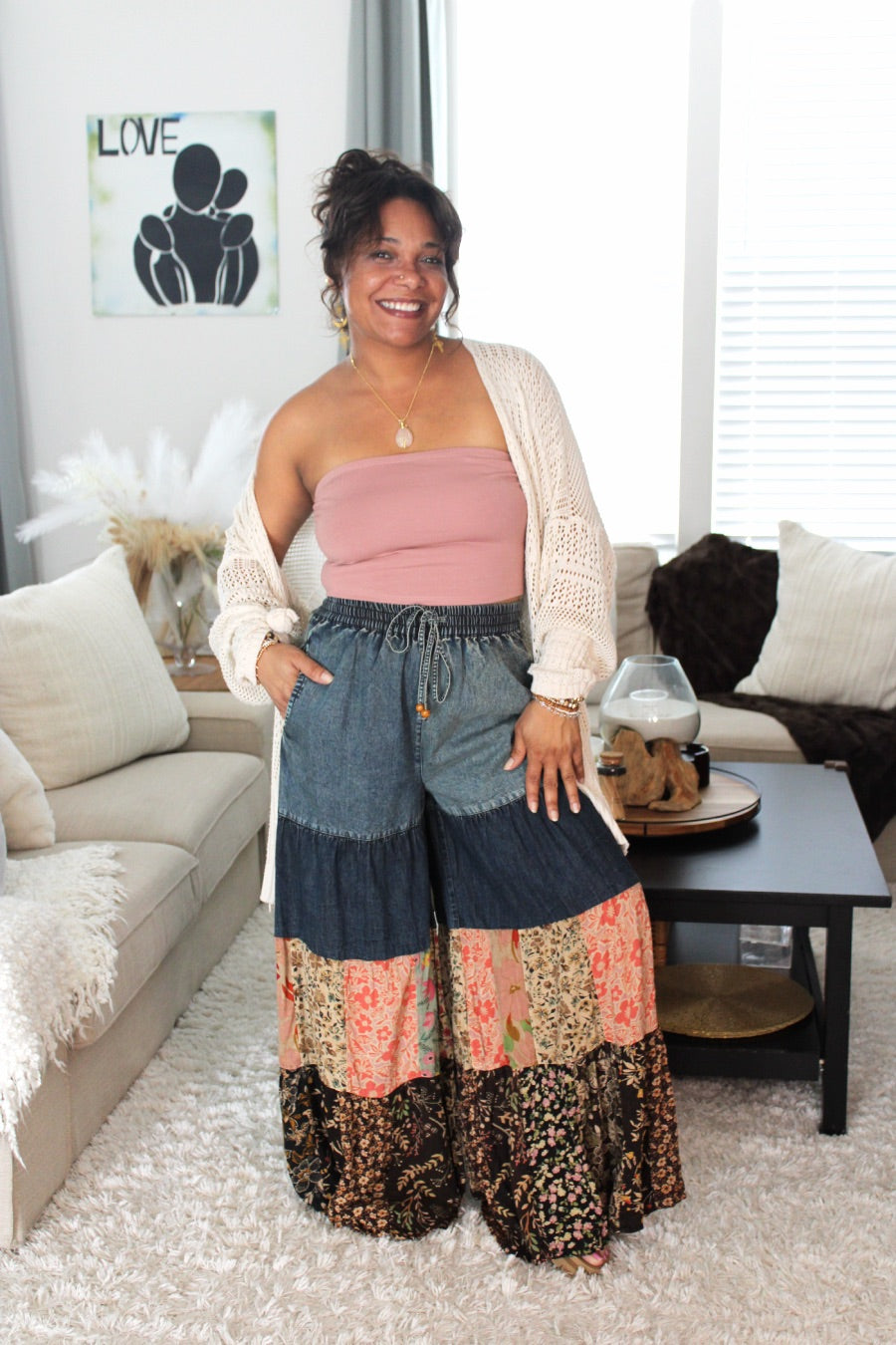 YT Spring Skies Bohemian Charm Tiered Patchwork Denim Pants