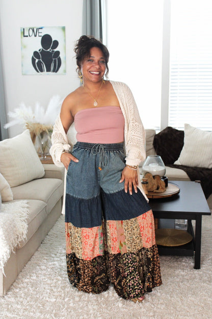 YT Spring Skies Bohemian Charm Tiered Patchwork Denim Pants