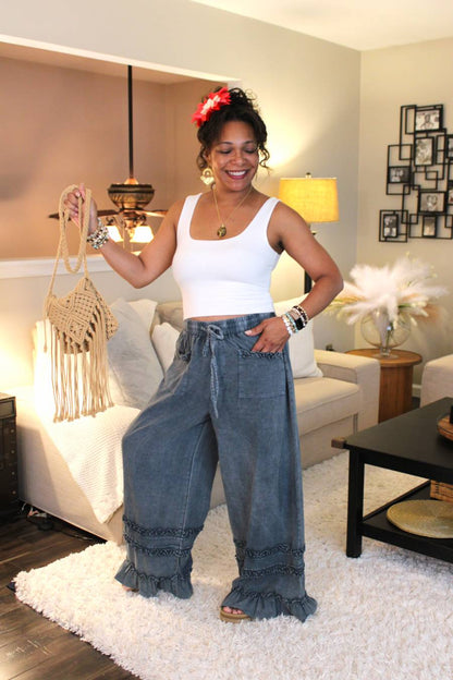 Blueberry Ruffle Mineral Washed Pants